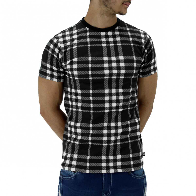 Men's Black Chequered Cotton Short Sleeve T-Shirt