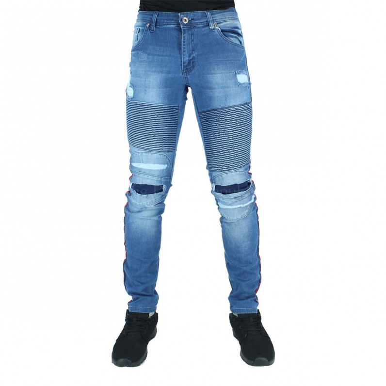 Men's Blue Side Stripes Slim Fit Biker Style Jeans 
