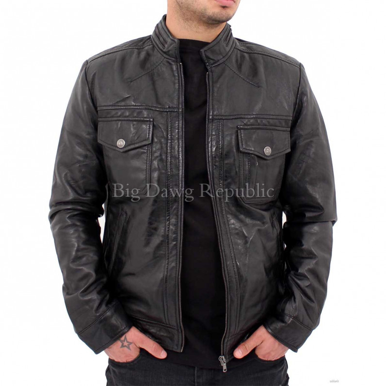 Black Biker Bomber Leather Jacket