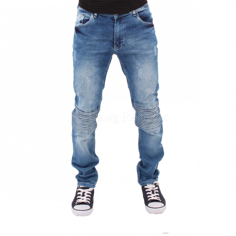 Men's Stone Wash Blue Thick Rick Frayed Biker Jeans