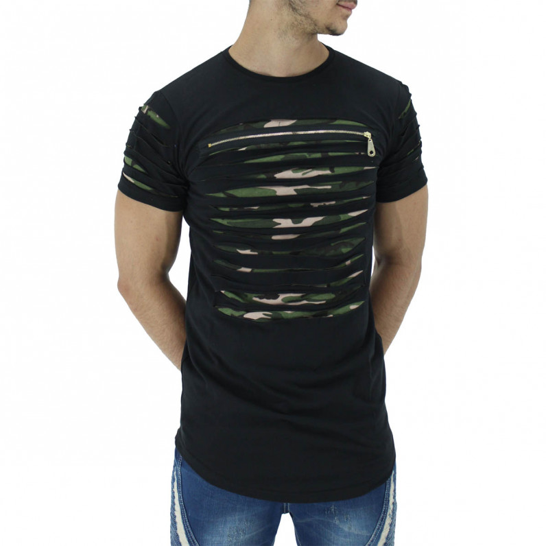 Men's Black Summer Cotton Ripped Camouflage Long T-Shirts