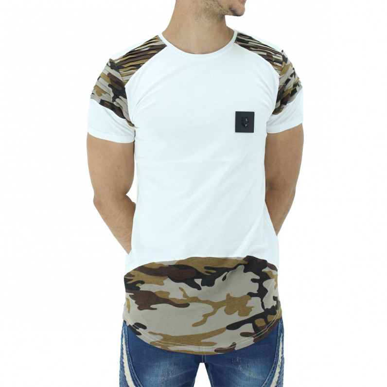 Men's Brown White Summer Cotton Camouflage Long T-Shirts