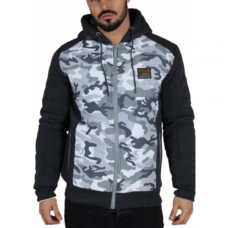 Men's Neo Charcoal Grey Camouflage Fleece Fur Lined Hoodie Winter Heavy Jacket