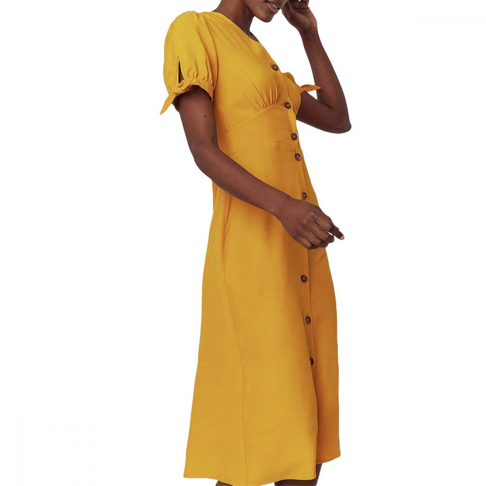 Oasis Ladies Midi Button Through Dress, Vibrant Yellow