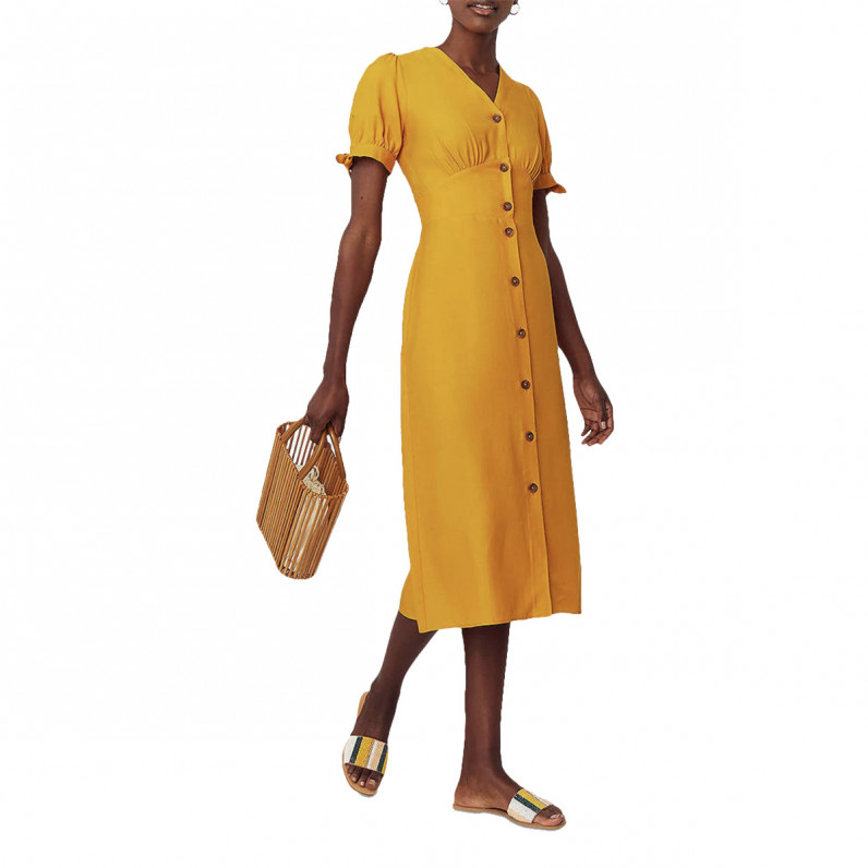 Ladies Midi Button Through Dress, Vibrant Yellow