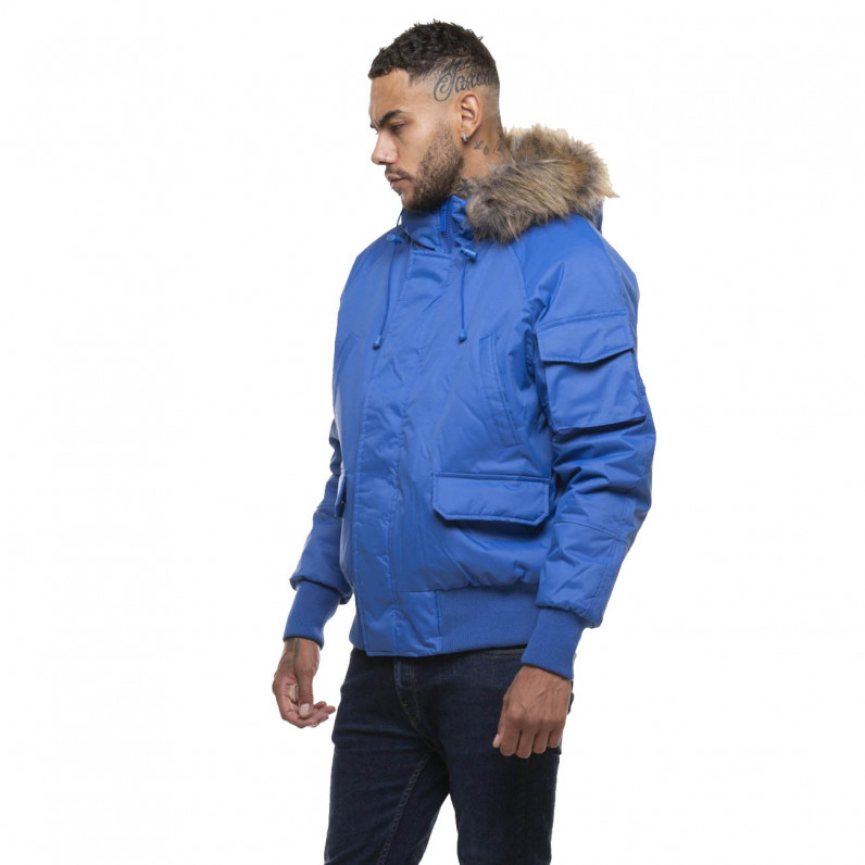 Men's Short Parka Fur Trim Hooded Blue Padded Jacket