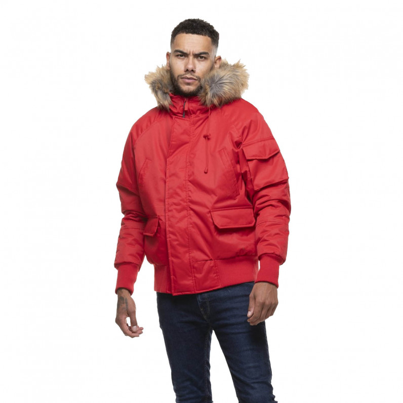 Men's Short Parka Fur Trim Hooded Red Padded Jacket
