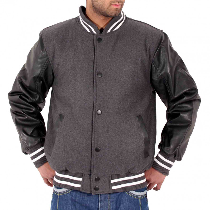 Men's Faux Leather Sleeve Charcoal Grey Bomber Baseball Jacket