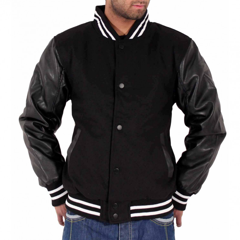 Men's Faux Leather Sleeve Black Bomber Baseball Jacket