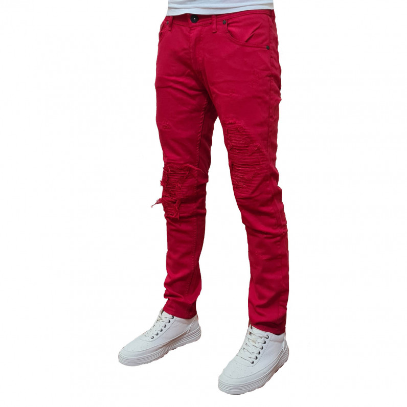 Men's Red Ripped Frayed Slim Fit Jeans MD700