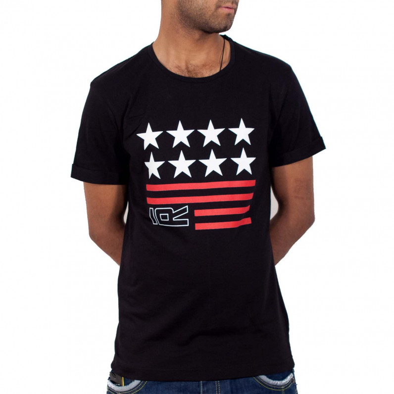 Men's Printed Star & Stripes Glory Double R Black Cotton T-Shirt R061