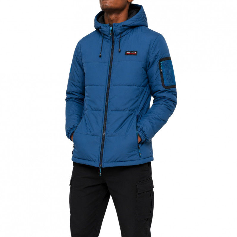 Men's Blue Urban Puffer Padded Funnel Neck Winter Hooded Jacket
