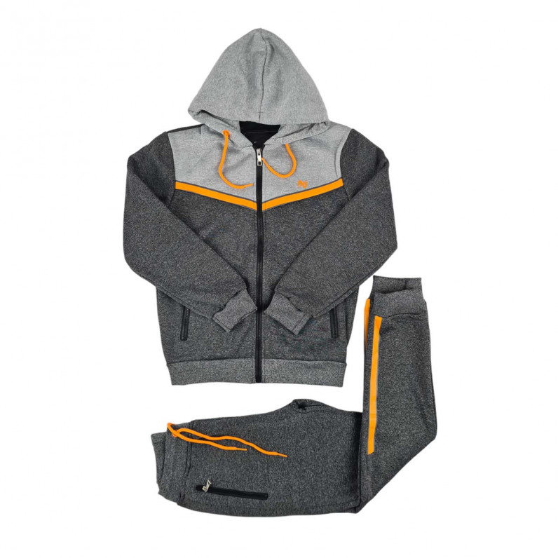 Boy's Unisex Designer Urban Heavy Thick Warm Fleece Tech Tracksuit, Charcoal Grey Orange
