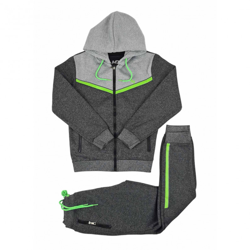 Boy's Unisex Designer Urban Heavy Thick Warm Fleece Tech Tracksuit, Charcoal Grey Green