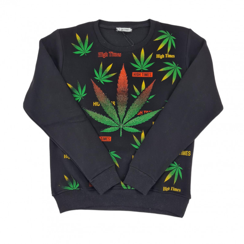 Men's Urban Black Designer Marijuana Crew Neck Cotton Sweatshirt