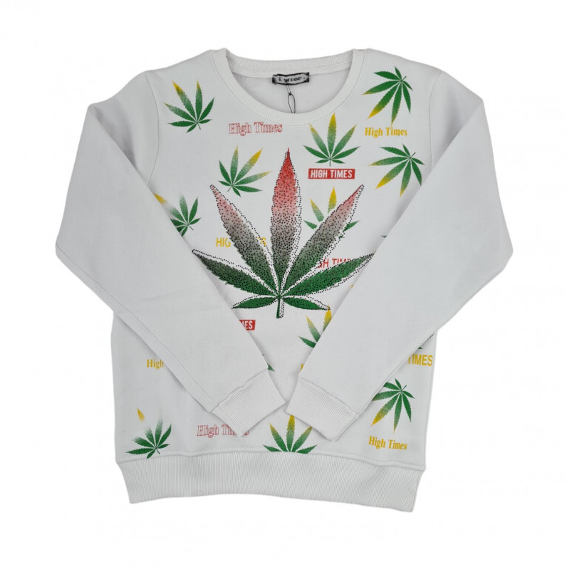 Men's Urban White Designer Marijuana Crew Neck Cotton Sweatshirt