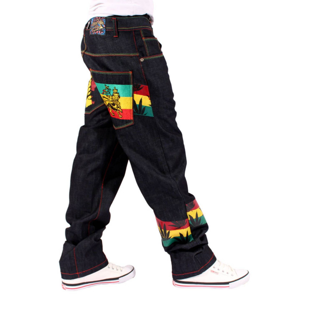Fit Rasta Money Talk Men's One Love Rasta Lion Black Loose Fit Denim Jeans