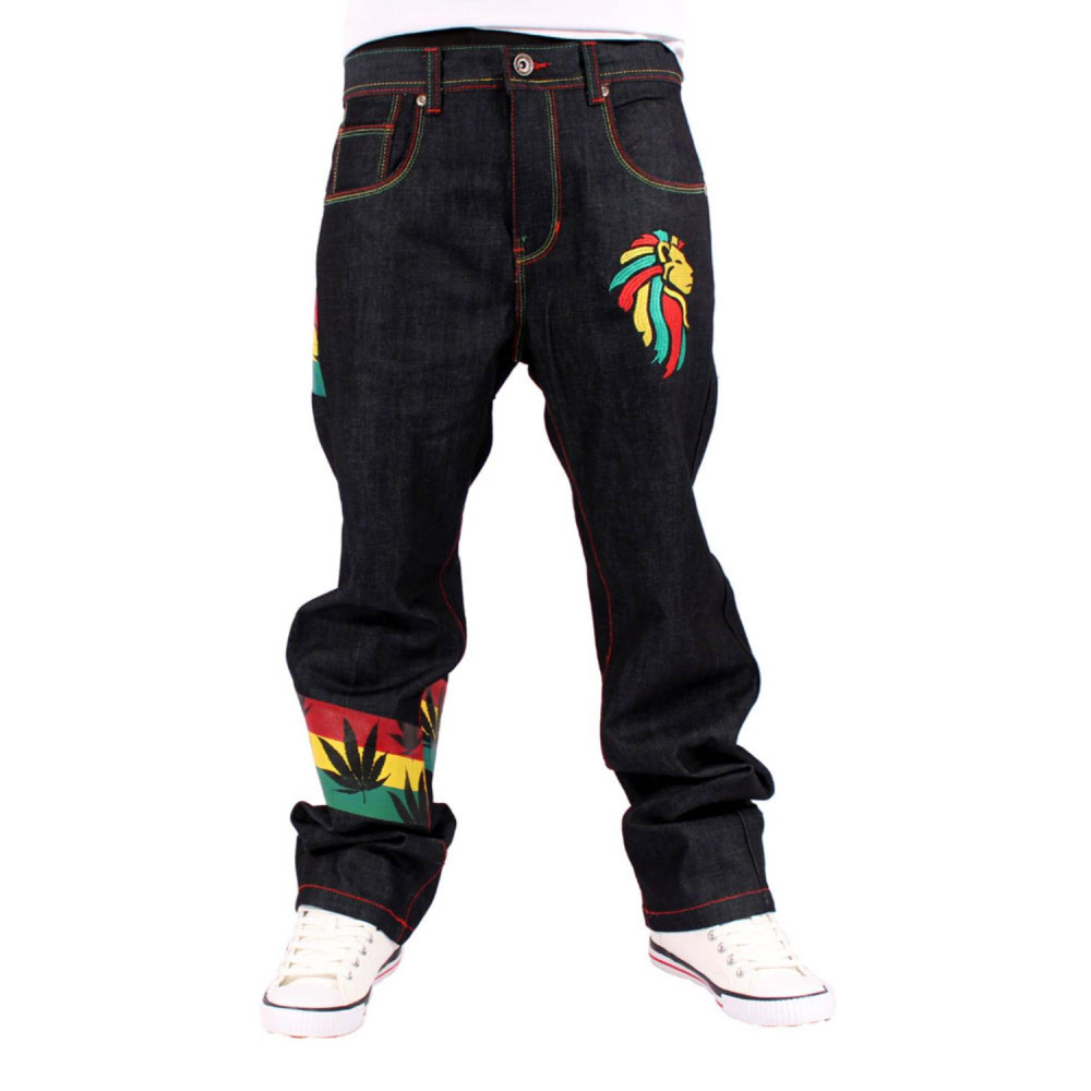Fit Rasta Money Talk Men's One Love Rasta Lion Black Loose Fit Denim Jeans