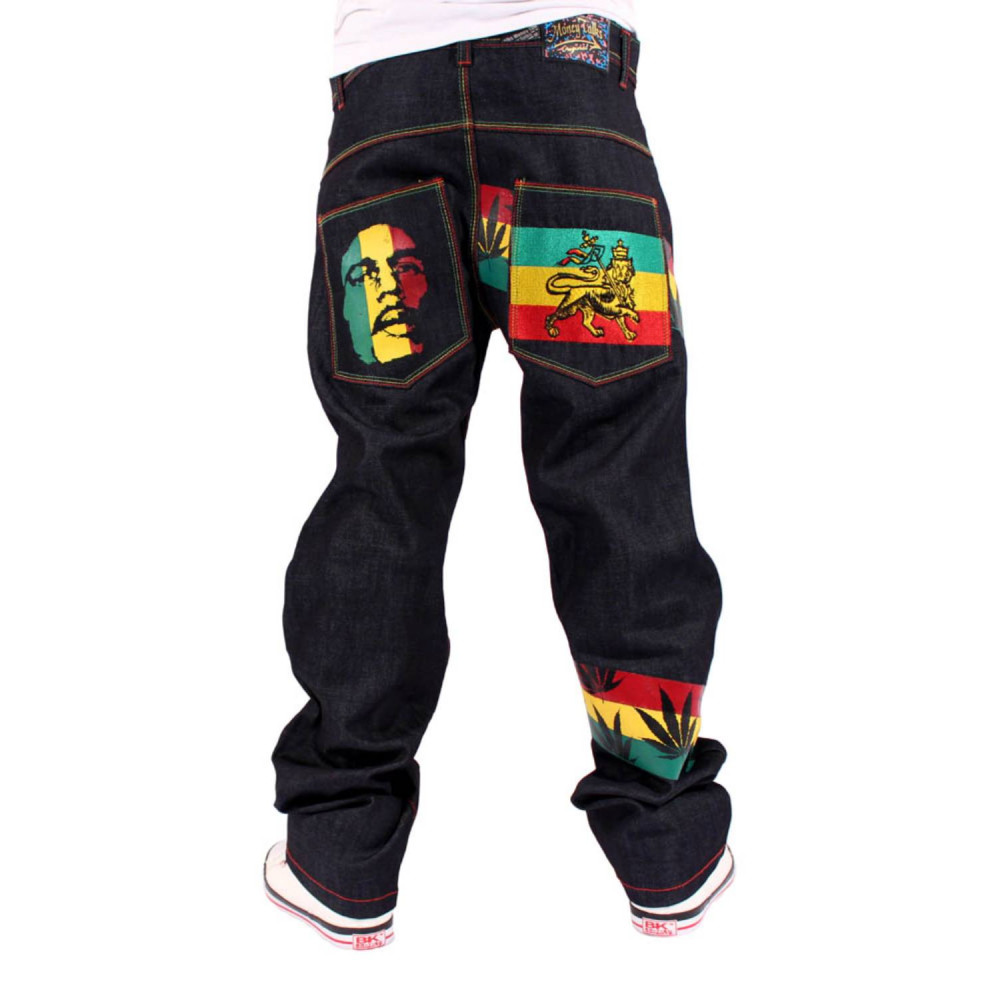 Fit Rasta Money Talk Men's One Love Rasta Lion Black Loose Fit Denim Jeans