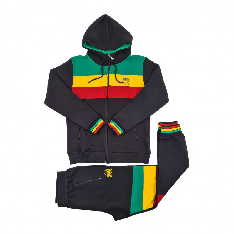 Men's Black Urban Designer Rasta Lion Stripe Fleece Tracksuit