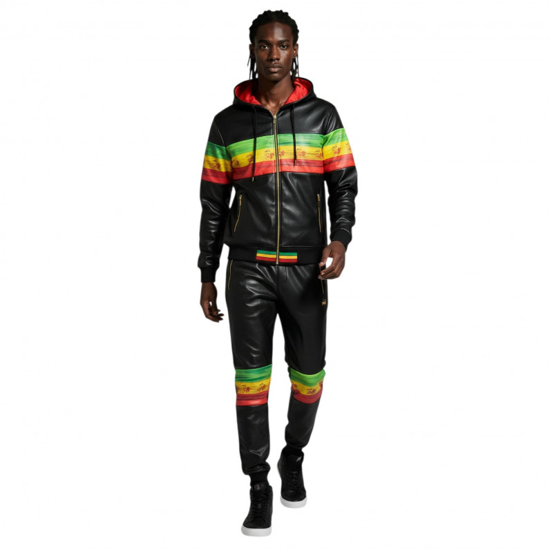 Mens Rasta Stripe PU Tracksuit &ndash; Zip Hooded Streetwear Set