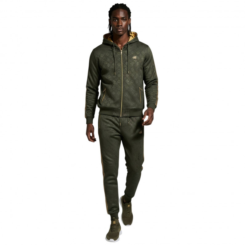 Men&rsquo;s Geometric Pattern Tracksuit &ndash; Slim Fit Olive Hoodie & Joggers