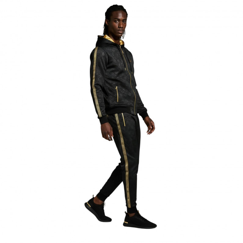 Men&rsquo;s Geometric Pattern Tracksuit &ndash; Slim Fit Black Hoodie & Joggers
