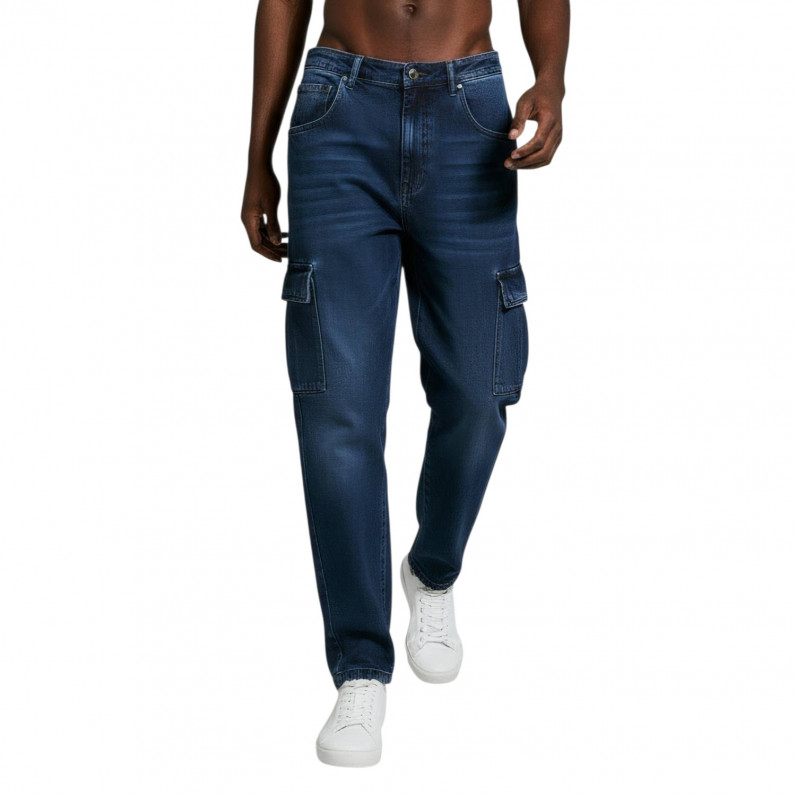 Men&rsquo;s Loose Fit Cargo Denim Jeans &ndash; Dark Wash Blue