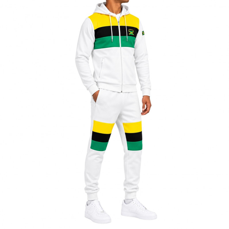Men's Jamaican Colour Block Hooded Tracksuit &ndash; Slim Fit | White | S&ndash;5XL