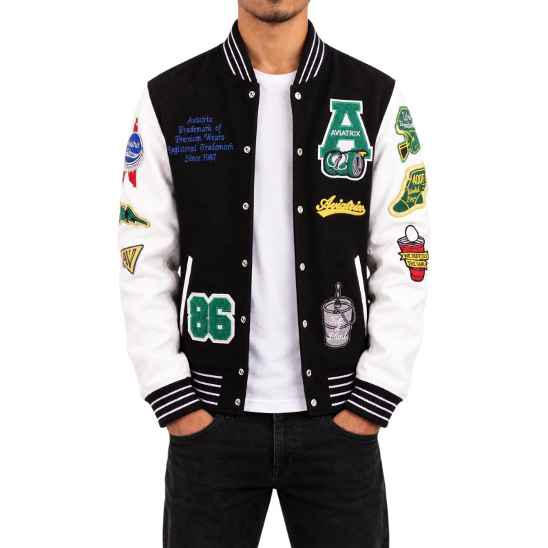 Men&rsquo;s Black & White Wool Varsity Jacket with Genuine Leather Sleeves