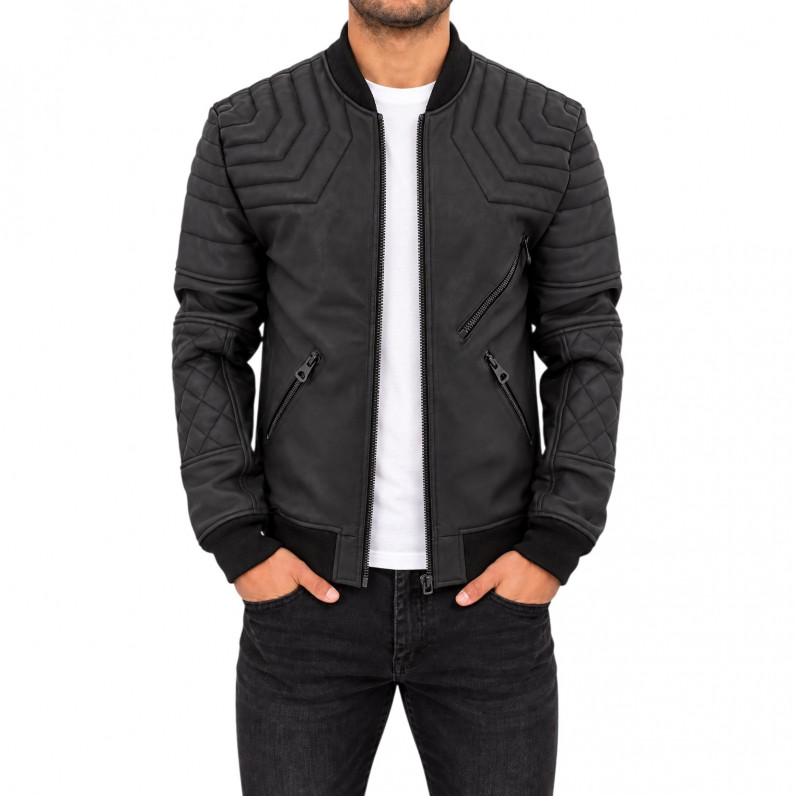 Men&rsquo;s Black Genuine Leather Quilted Bomber Jacket