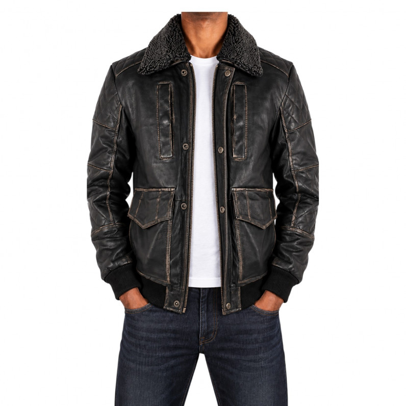 Men&rsquo;s Vintage Black Cowhide Leather Jacket with Removable Fur Collar