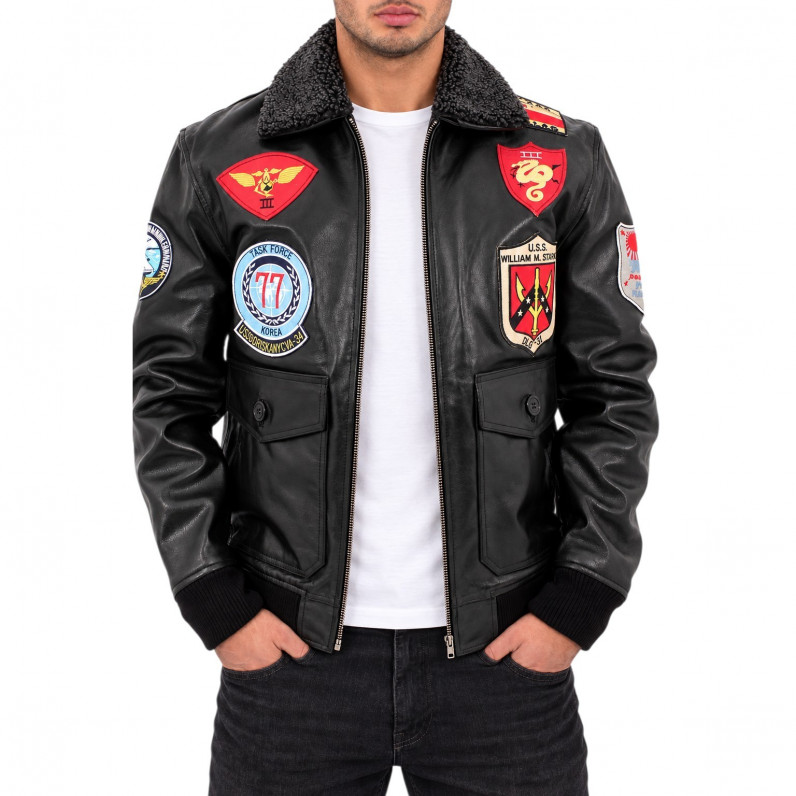 Men&rsquo;s Black Leather Patch Bomber Jacket with Textured Collar