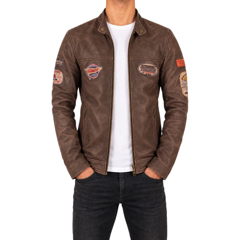 Men's Brown Lambskin Leather Jacket with Motorcycle Patches