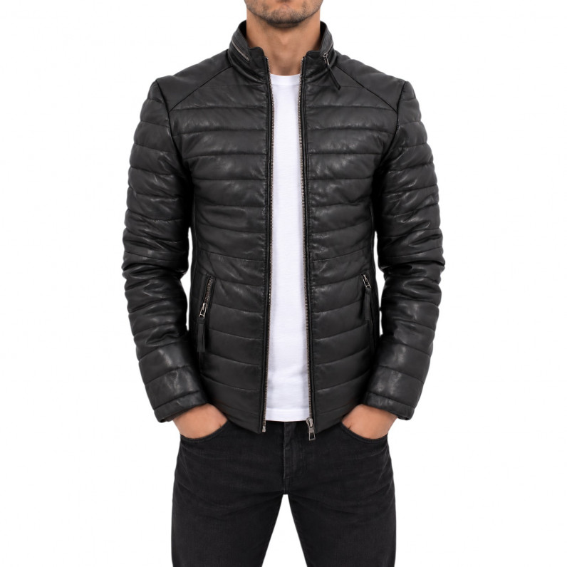Men's Black Quilted Genuine Leather Jacket &ndash; Slim-Regular Fit