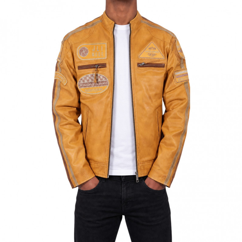 Men's Curry Genuine Leather JLI Racing Jacket