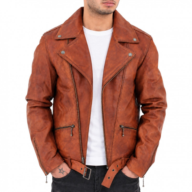 Men's Tan Brown Genuine Leather Biker Jacket with Asymmetric Zip