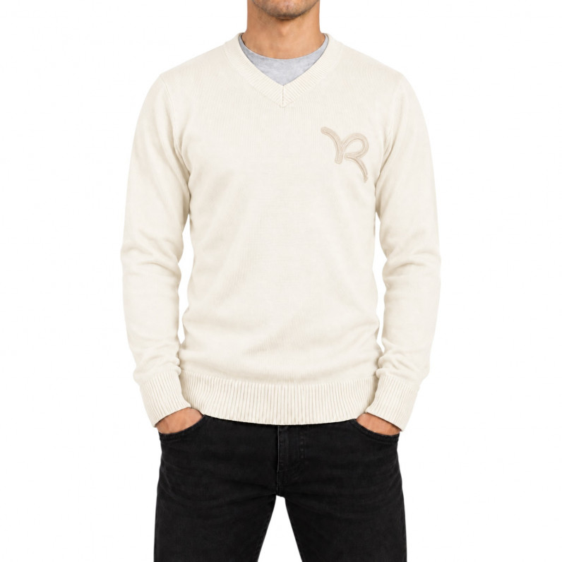 Men's White V-Neck Knit Jumper with Chest Logo