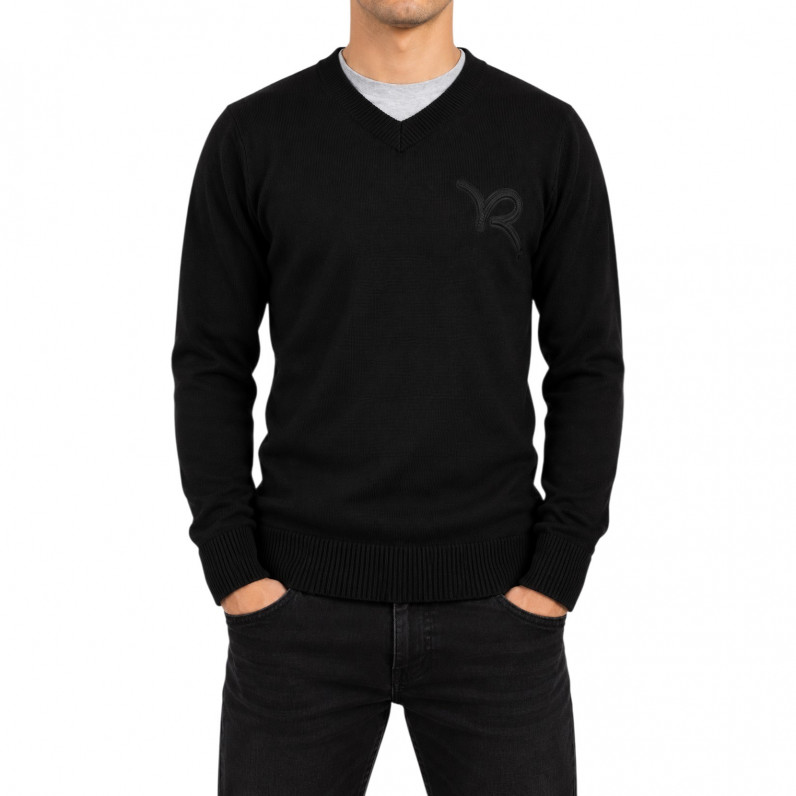 Men's Black V-Neck Knit Jumper with Chest Logo