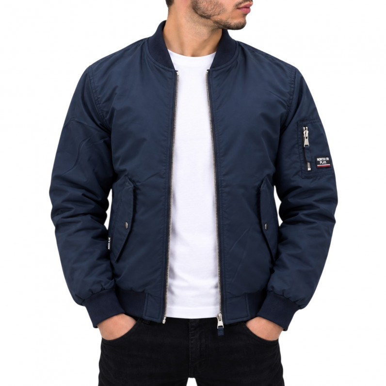Men's Navy Bomber Jacket with Zip Sleeve Pocket