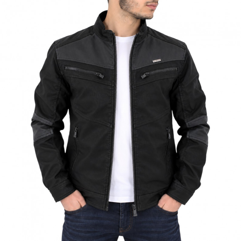 Men's Black Bobby Stand Collar Jacket with Four Zip Pockets