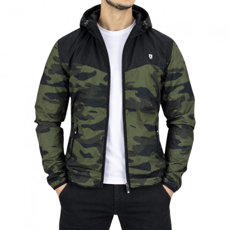 Men&rsquo;s Khaki Camo Hooded Zip Jacket with Black Shoulder Panels