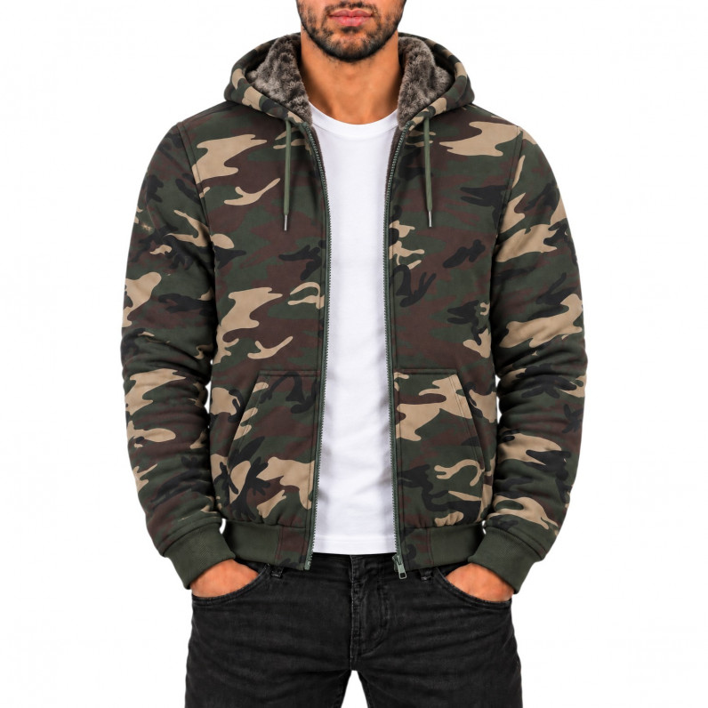 Men&rsquo;s Green Camo Hooded Jacket &ndash; Fleece Fur Lined