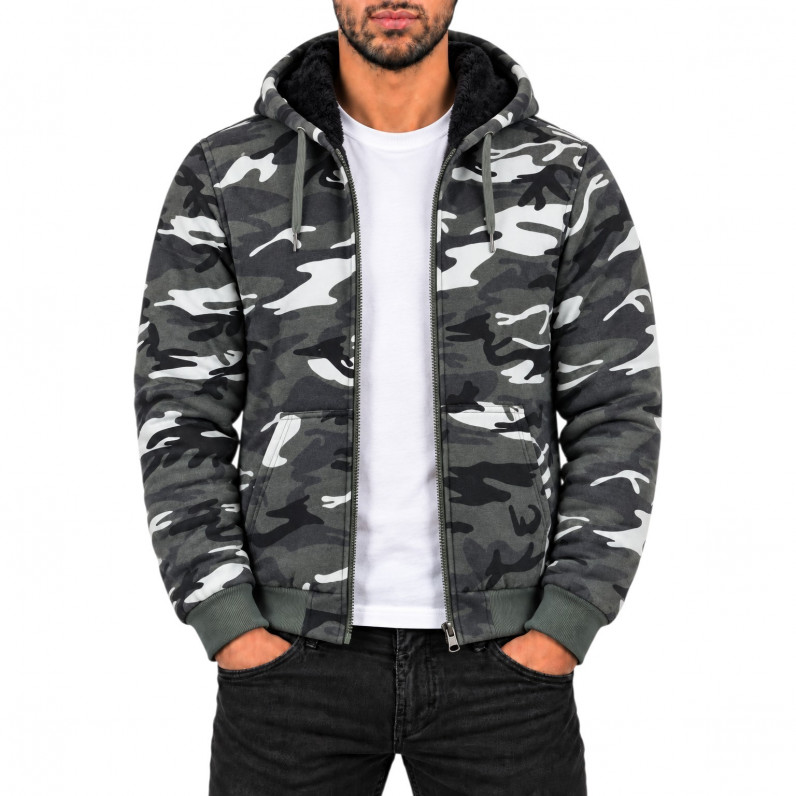 Men&rsquo;s Grey Camo Hooded Jacket &ndash; Fleece Fur Lined