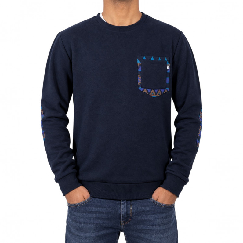 Men&rsquo;s Navy Crew Neck Sweatshirt with Geometric Pocket Trim & Elbow Patches